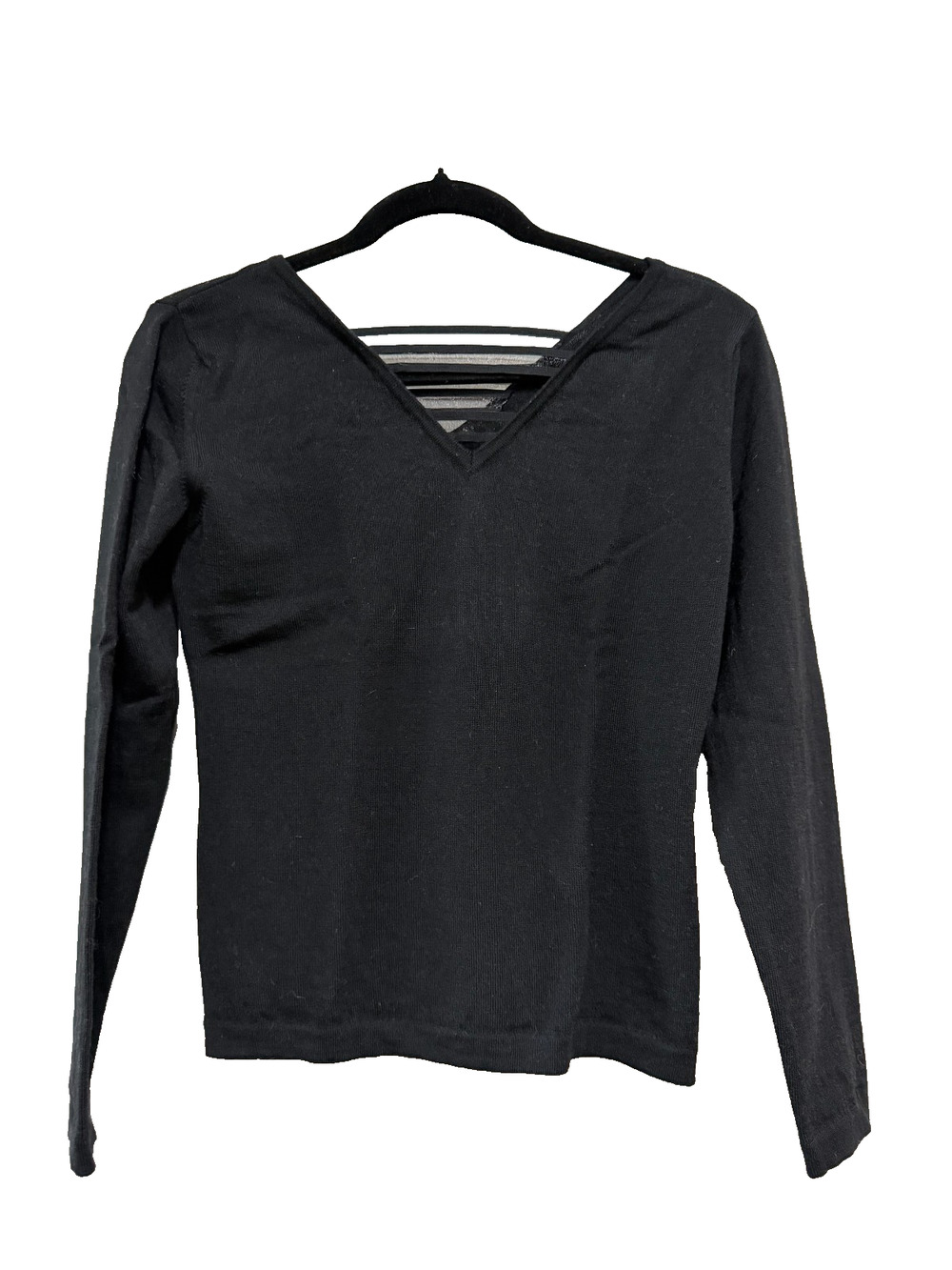 100% fine Merino Wool Black V Neck Knit Sweater top Italy ,capsule preppy ,Sz M